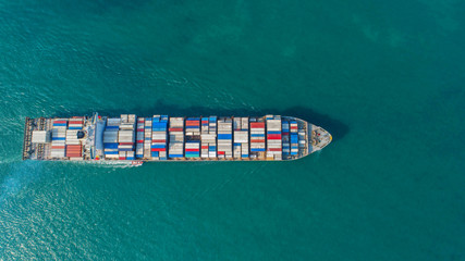 Container ship in export and import business and logistics. Shipping cargo to harbor by crane. Water transport International. Aerial view and top view