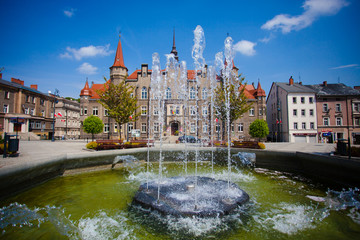 The Town Hall in the city of Walbrzych and the fountain