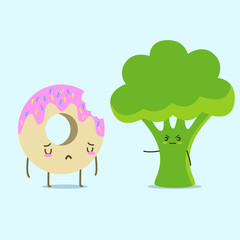 Kawaii illustration of a judicious broccoli accusing an ashamed but delicious pink glazed doughnut of having guilty pleasures. Shame on everyone of us who fancy some sugary treat sometimes in a while!
