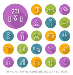 Fototapeta premium Set of Elegant Universal White Traffic Minimalistic Thin Line Icons on Circular Colored Buttons on White Background