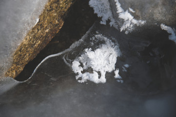 Detail of the crystalic structure of ice built on the ice flat surface under two rocks.