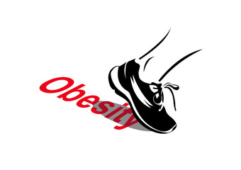 Vector image of exercise with relation to obesity - a sport shoe pushing off the word "Obesity"