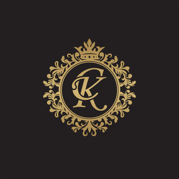 Initial letter CK, overlapping monogram logo, decorative ornament badge, elegant luxury golden color
