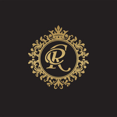 Initial letter CR, overlapping monogram logo, decorative ornament badge, elegant luxury golden color