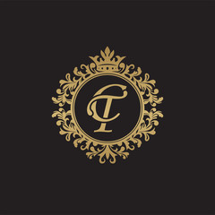 Initial letter CT, overlapping monogram logo, decorative ornament badge, elegant luxury golden color