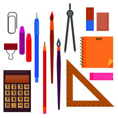 School supplies object set in flat design, vector set of illustration isolated on white background