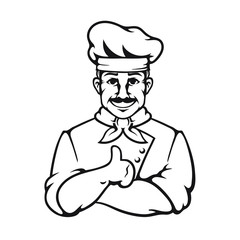 Pizza chef, man, cook, line art version, black and white, vector illustration isolated on white background, can be used like emblem or logotype