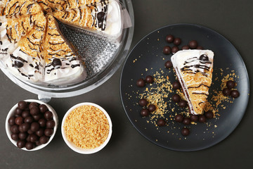 Milk and chocolate cake with chocolate ball and crispy