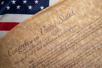 Bill of rights United states vintage document on usa flag background