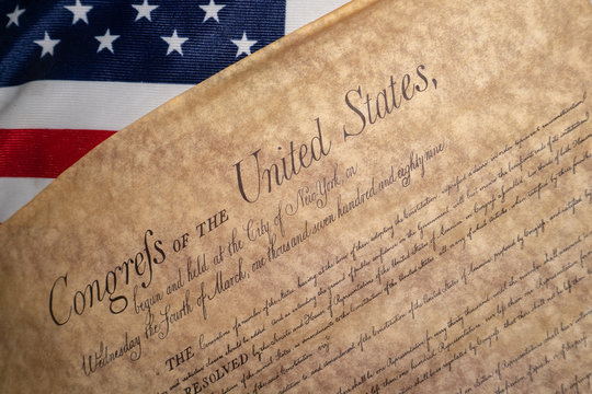 Bill of rights United states vintage document on usa flag background