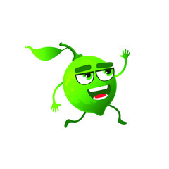 Finny cute and happy running green lime character, vector cartoon flat illustration isolated on white background