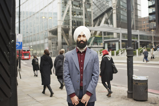 Portrait of a Sikh businessman in a city street