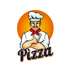 Pizza logotype, chef and text, font, vector logotype and emblem illustration isolated on white background