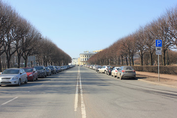 Empty Street with Cars Parked on Roadside in Small Town. Straight Perspective Road with Two Lanes on Spring Landscape. Countryside Road with Bare Tree Branches on Background and No People Around.