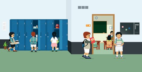 Classrooms with student lockers and students bringing books out of the locker.