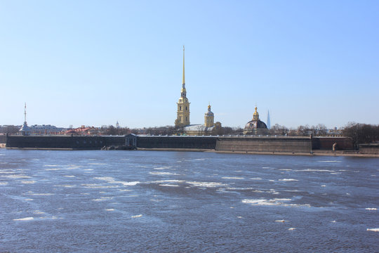 St. Petersburg Peter and Paul Fortress View from Scenic Viewpoint across Neva River. Sunny Day Panoramic View of Famous Russian City Landmark. Saint Petersburg Sightseeing Attraction Wallpaper.