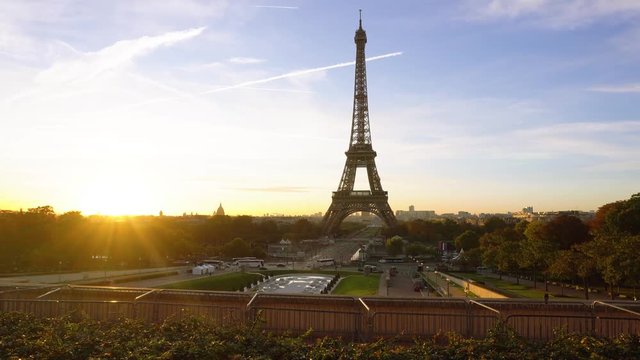 view of Eiffel Tower from Trocadero at sunrise, Paris, France