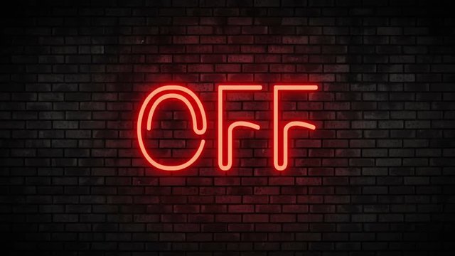 Off Red Neon Light on Brick Wall. Blinking Neon Sign. Motion Animation. Video available in 4K FullHD and HD render footage