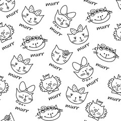 Seamless pattern with face cats. cartoon. Line