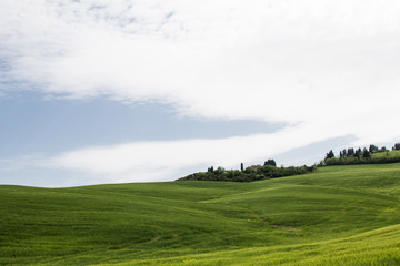 Italian landscape with green fields in spring, holidays in Italy in Umbria and Tuscany. Travel drive in the Tuscany countryside with soft green hills and blue skies. Calm and relax holidays in Italy