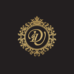 Initial letter DU, overlapping monogram logo, decorative ornament badge, elegant luxury golden color