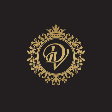 Initial letter DV, overlapping monogram logo, decorative ornament badge, elegant luxury golden color