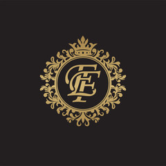 Initial letter EF, overlapping monogram logo, decorative ornament badge, elegant luxury golden color