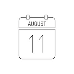 August 11 calendar icon line, outline page. Deadline reminder. Special date
