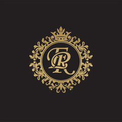 Initial letter ER, overlapping monogram logo, decorative ornament badge, elegant luxury golden color