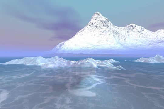 Snowy mountain, a polar landscape, frozen sea, pink horizon and a blue sky.