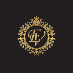 Fototapeta na wymiar Initial letter EV, overlapping monogram logo, decorative ornament badge, elegant luxury golden color