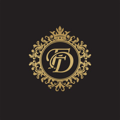Initial letter FD, overlapping monogram logo, decorative ornament badge, elegant luxury golden color