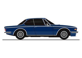 Sticker of vintage coupe car. Side view. Flat vector.