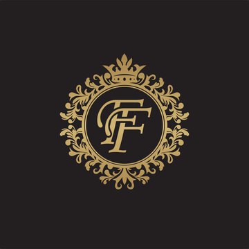 Initial letter FF, overlapping monogram logo, decorative ornament badge, elegant luxury golden color