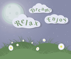 Banner wallpaper about a perfect night spring with flowers, grass, clouds, stars and moon. Relax, enjoy and dream. EPS 10 Vector Illustration.