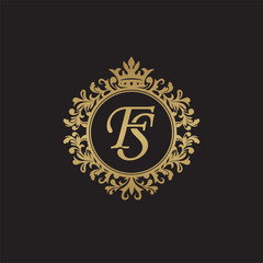 Initial letter FS, overlapping monogram logo, decorative ornament badge, elegant luxury golden color
