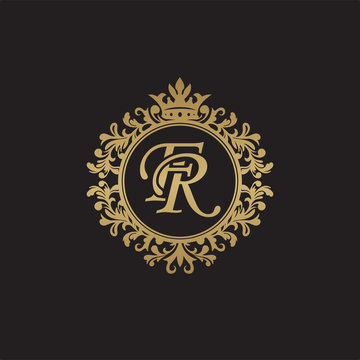Initial letter FR, overlapping monogram logo, decorative ornament badge, elegant luxury golden color