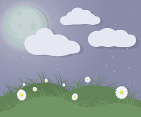 Banner wallpaper about a perfect night spring with flowers, grass, clouds, stars and moon. EPS 10 Vector Illustration.