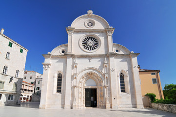 Fototapeta na wymiar The Cathedral of St. James is a triple nave basilica with three apses and a dome in the city of Sibenik, Croatia.