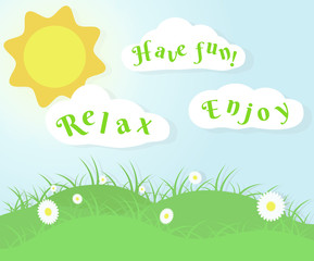 Banner wallpaper about a perfect day spring with flowers, grass, clouds and sun. Relax, enjoy and have fun. EPS 10 Vector Illustration.