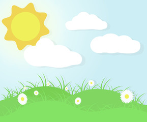 Banner wallpaper about a perfect day spring with flowers, grass, clouds and sun. EPS 10 Vector Illustration.