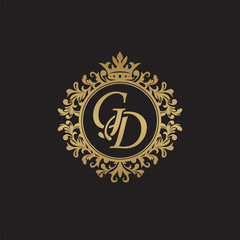 Initial letter GD, overlapping monogram logo, decorative ornament badge, elegant luxury golden color