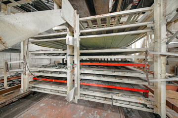 Shelves for lead bars in broken old ionization calorimeter in an abandoned underground laboratory for the study of cosmic rays