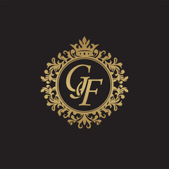 Initial letter GF, overlapping monogram logo, decorative ornament badge, elegant luxury golden color