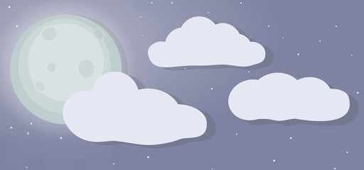 Background wallpaper about a night sky with clouds, stars and the bright moon. EPS 10 Vector Illustration.