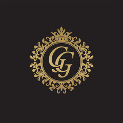 Initial letter GG, overlapping monogram logo, decorative ornament badge, elegant luxury golden color
