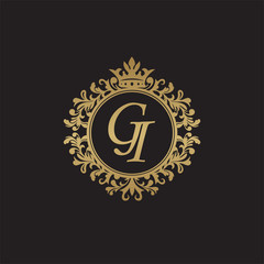 Initial letter GI, overlapping monogram logo, decorative ornament badge, elegant luxury golden color
