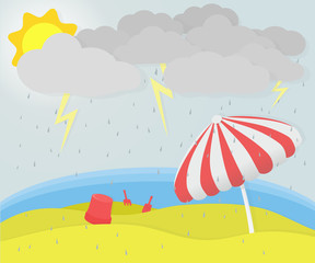 Banner design about a summer day in holidays with a storm, thunders, rain, sun, grey clouds, sea and an umbrella. Storm beach day. EPS 10 Vector Illustration.