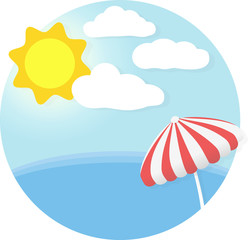 Banner design about a perfect summer day at beach in holidays with sun, white clouds, sea and an umbrella. Sunny beach day. EPS 10 Vector Illustration.