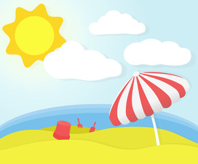 Banner design about a perfect summer day in holidays at beach with sun, white clouds, sea and a umbrella. Sunny beach day. EPS 10 Vector Illustration.